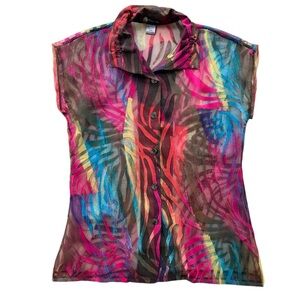 Damee Inc Womens S/M Rainbow Zebra Sheer Short Sleeve Button Wired Collar Blouse